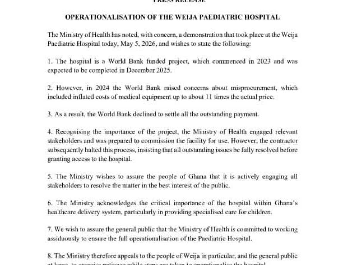 Health Ministry blames procurement irregularities and payment dispute for Weija Children’s Hospital delay