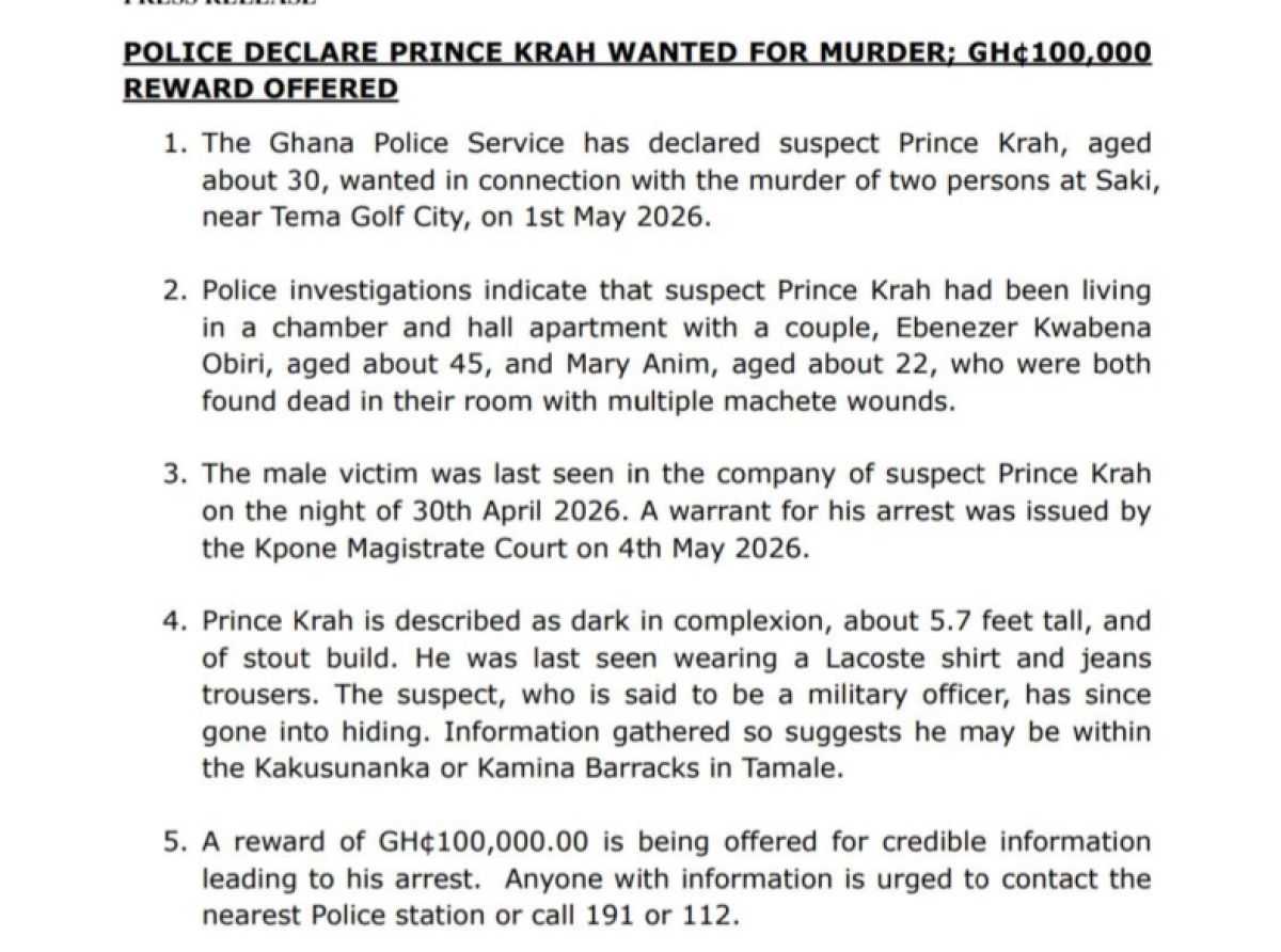 Police declare suspect wanted over double murder near Tema Golf City